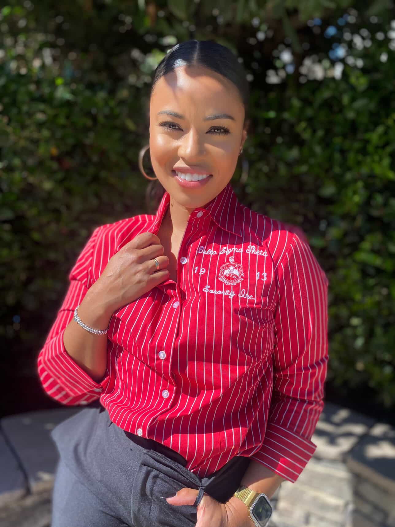 Delta Sigma Theta Pin Stripe Ladies Cut Button Up Shirt