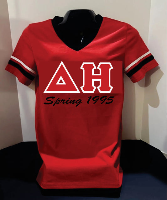 Delta Eta Chenille Letters - Spring 1995 V-Neck Shirt