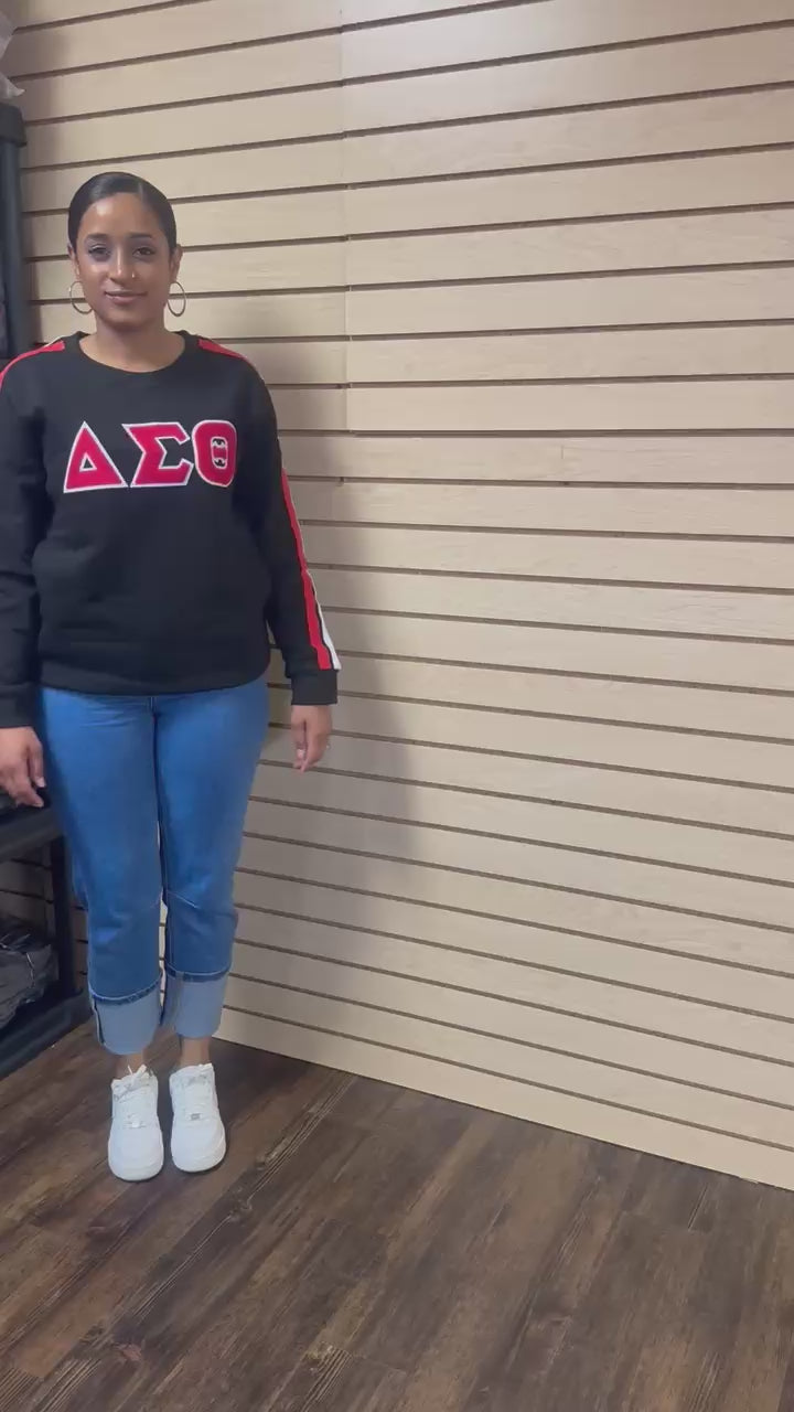 Delta Sigma Theta Sweatshirt with Chenille Letters & White/Red Stripes on Sleeves. Taking PREORDERS - Back instock by September 1st